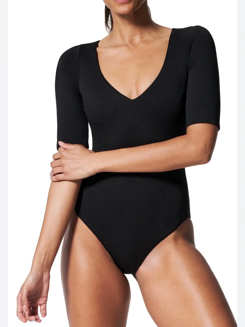 SPANX Black V-Neck One-Piece Swimsuit with Three-Quarter Sleeves